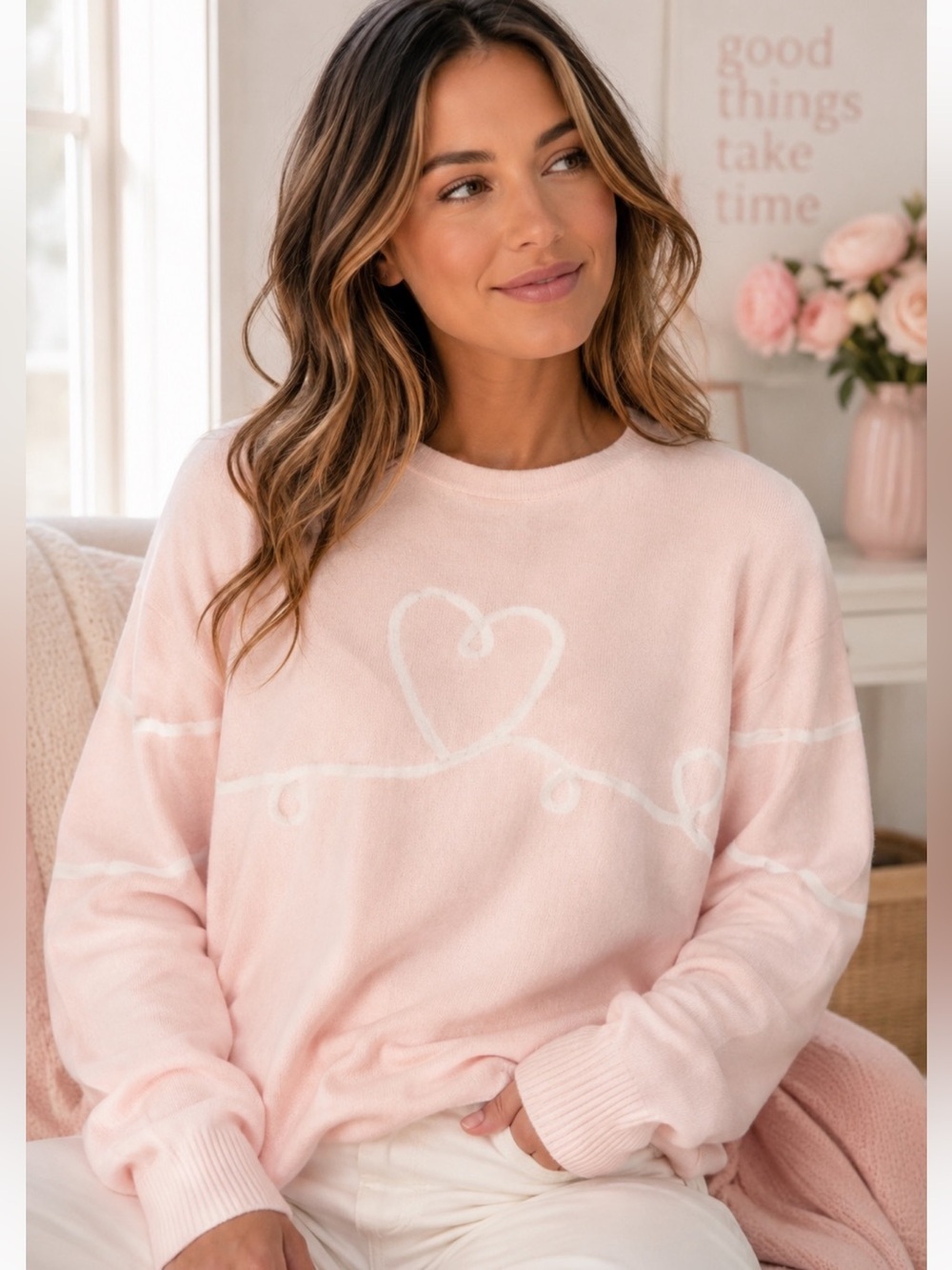 NWT Aaeda Women’s Pastel Pink Heart Sweater Crewneck Knit Medium